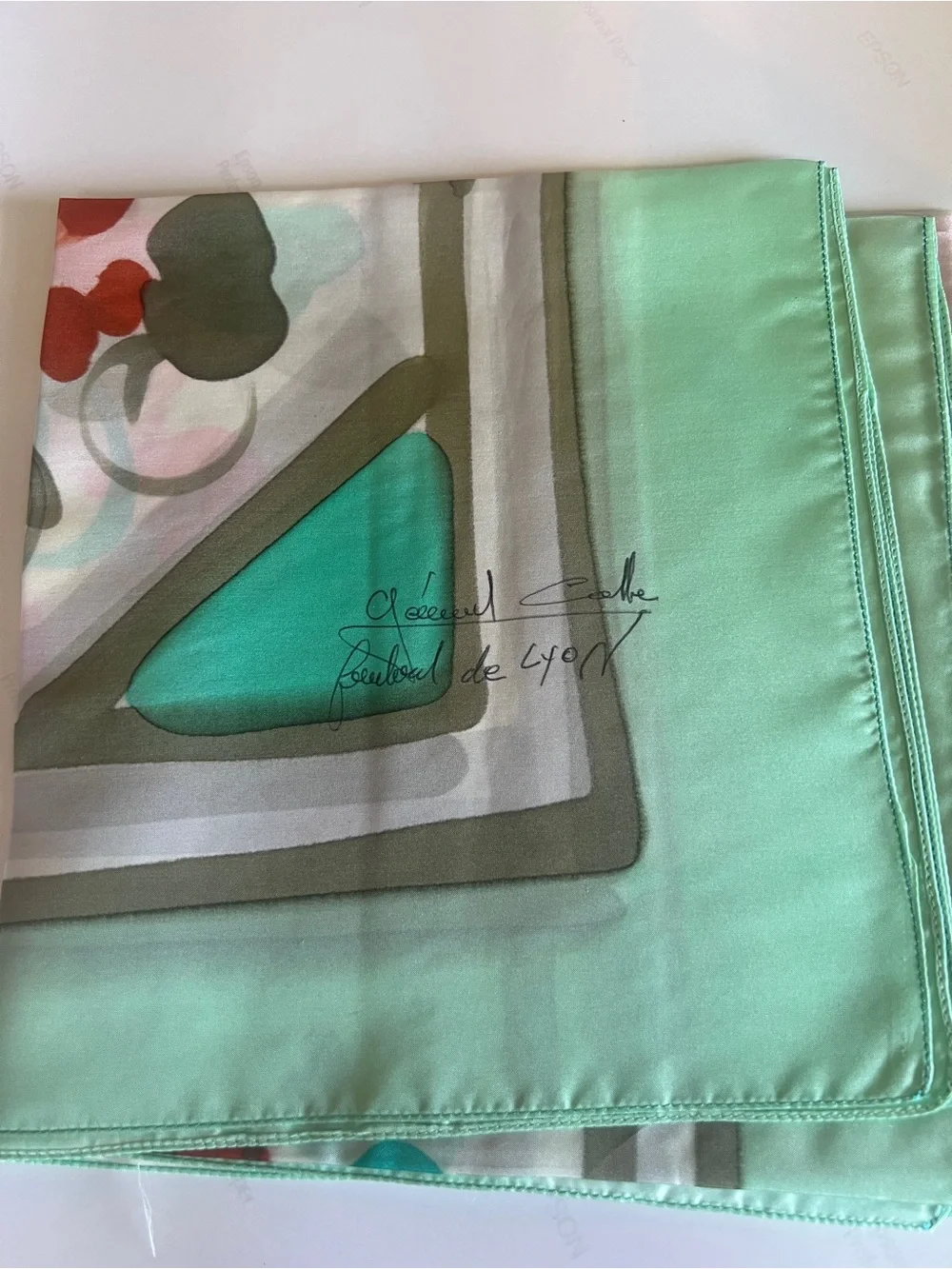 Vintage hand painted silk scarf from Lyon France- floral watercolor signed